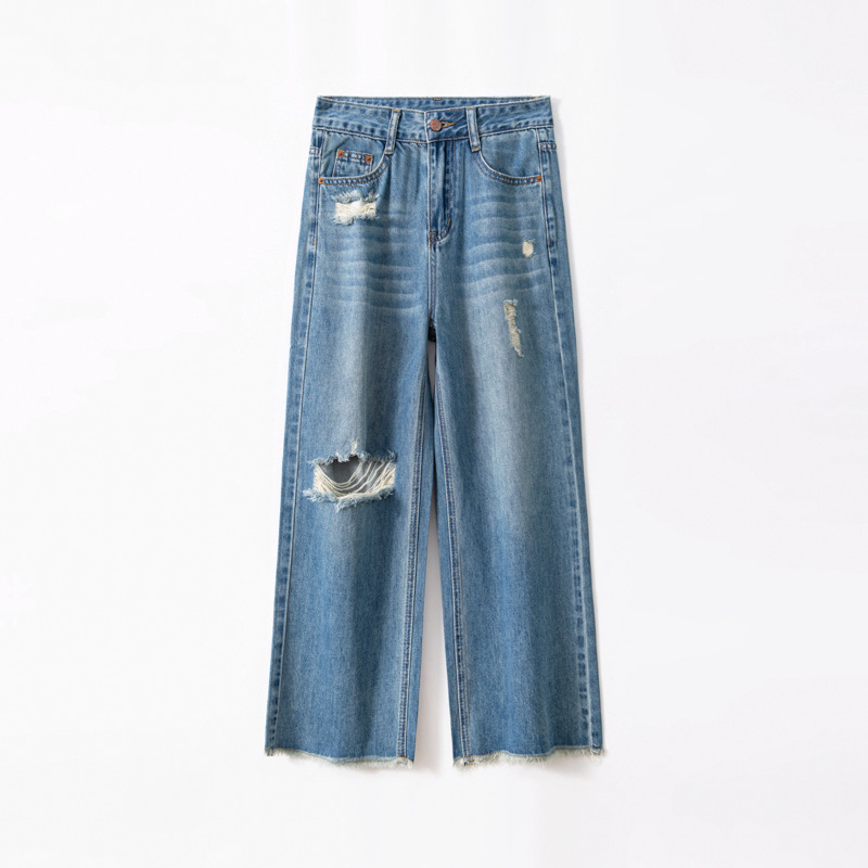 2026 Summer Women's Denim Pants Lyocell Non-Stretch Frayed Ripped Petite Cropped Straight-Leg Pants 2026 Summer Women's Denim Pants Lyocell Non-Stretch Frayed Ripped Petite Cropped Straight-Leg Pants
