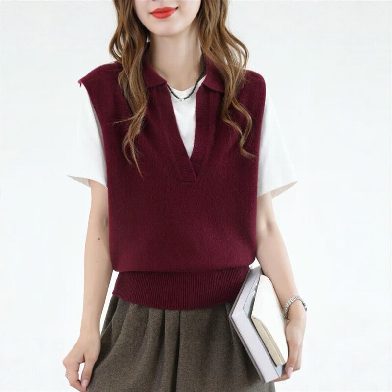 100% wool gray knitted vest for women, new winter style, French-inspired, suitable for workwear, with a half-open polo collar 100% wool gray knitted vest for women, new winter style, French-inspired, suitable for workwear, with a half-open polo collar