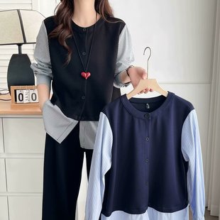 plus size women's striped shirt fake 2 spring and autumn coat 2024 autumn crew neck coat slim fat sister cardigan 516