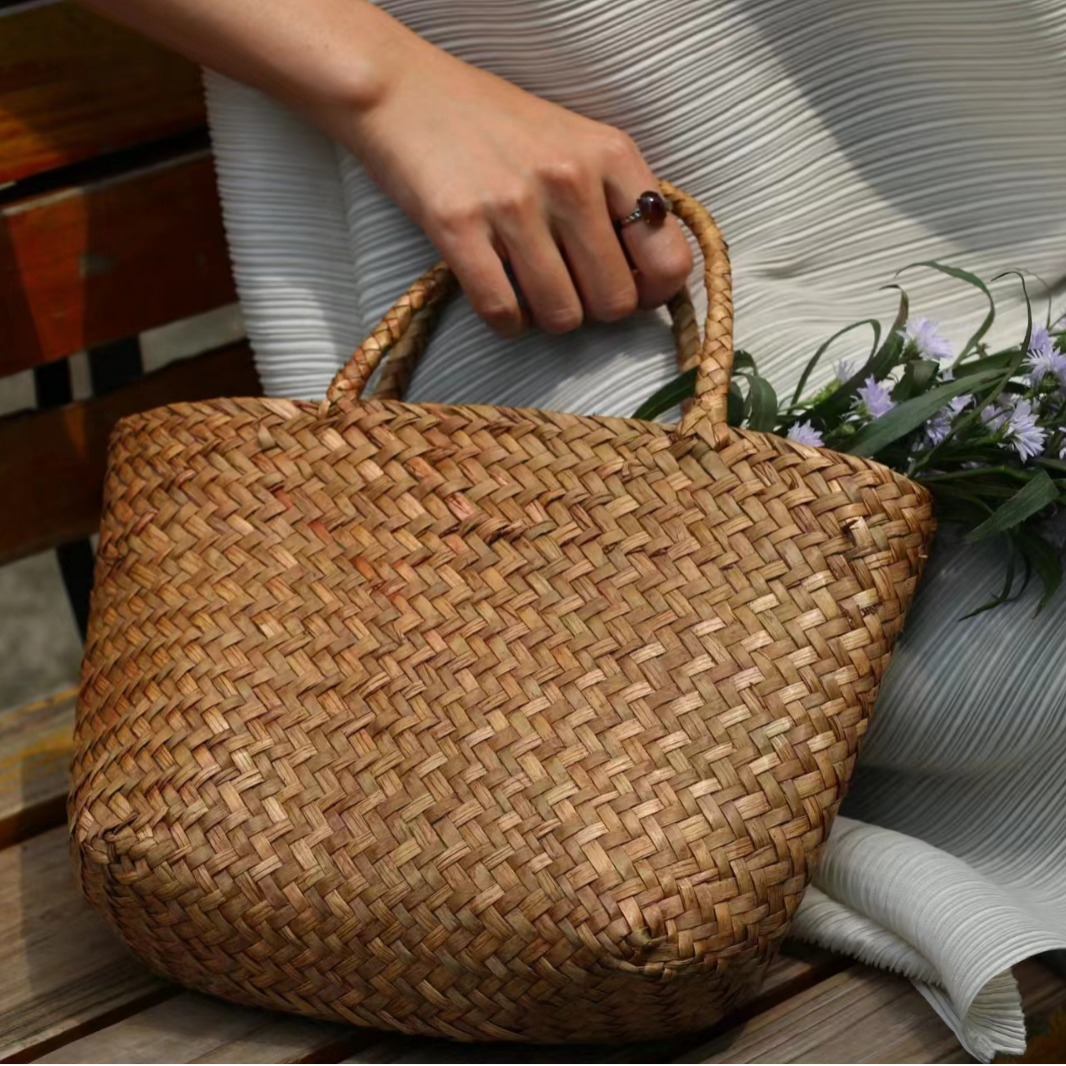 Purely Handmade Natural Material Woven Flower Basket French Niche Bag Straw Bag
