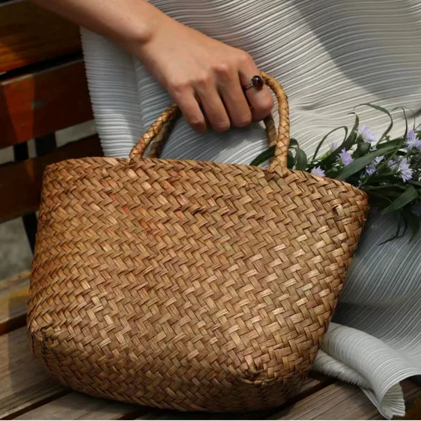 Purely Handmade Natural Material Woven Flower Basket French Niche Bag Straw Bag