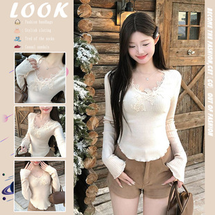 Pure want to apricot long sleeve knitted bottoming shirt women's 2024 autumn and winter sweet spicy lace sweater unique beautiful top