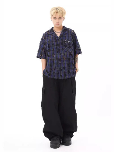 Vintage American style cropped hip-hop khaki work pants, baggy, loose, trendy, over-the-knee paratrooper pants