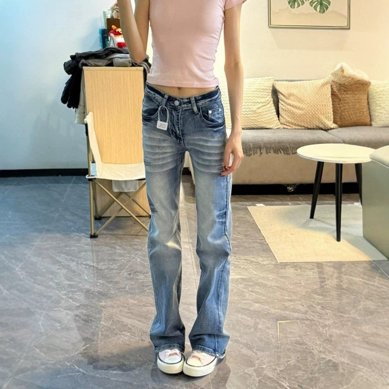 American High Street Style Low-Waist Micro-Flare Jeans for Women, Summer Style with Whisker Design, Sexy Slim-Fit Stretchy Casual Pants