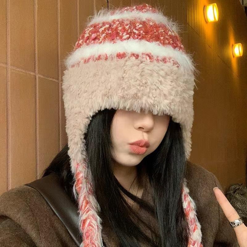 手工彩色毛茸茸帽子女秋冬季韩版百搭针织帽大头围保暖护耳毛线帽