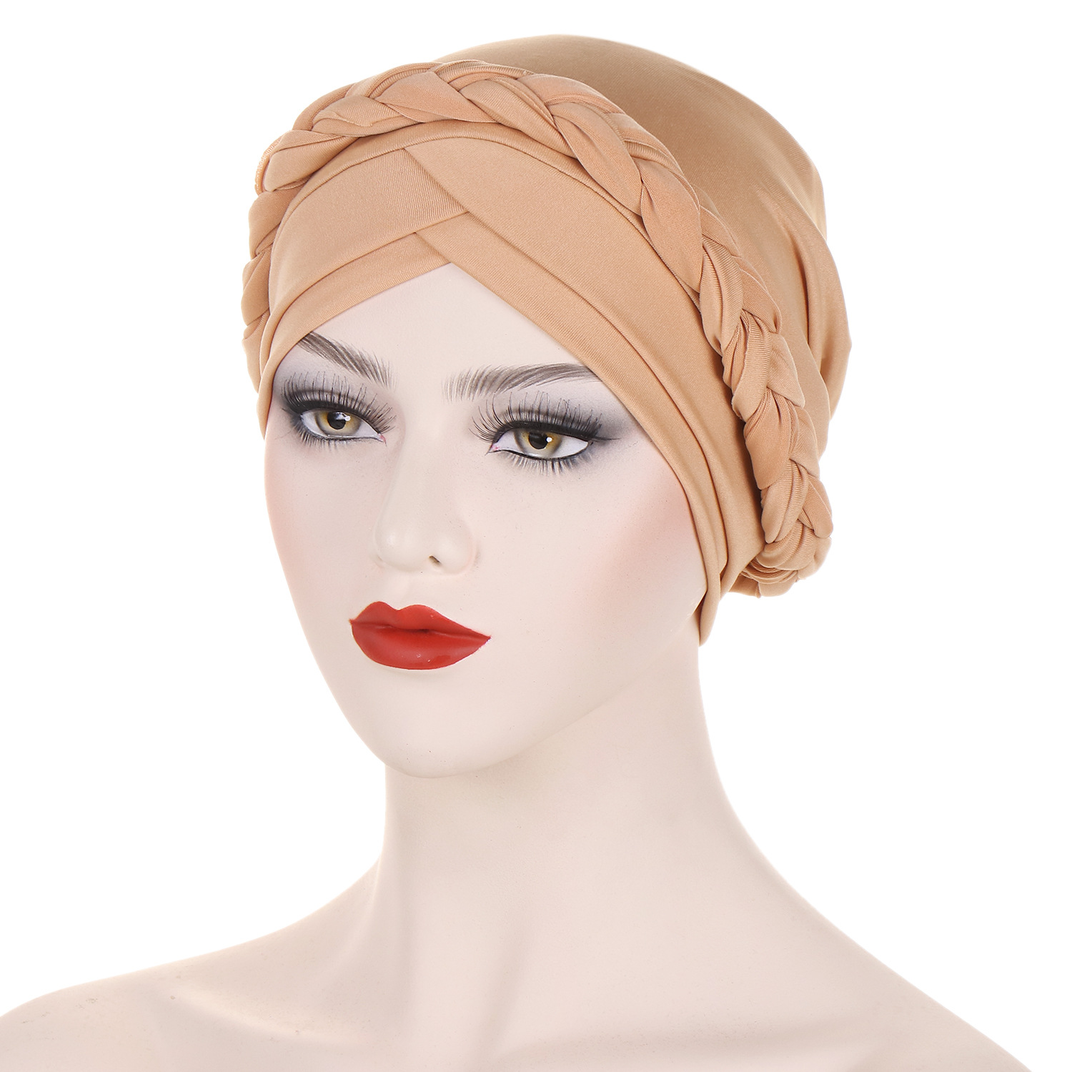 cappello turbante intrecciato foderato in raso tinta unita sulla fronte da donna doppia croce cappello pullover musulmano in stock_voghion.com