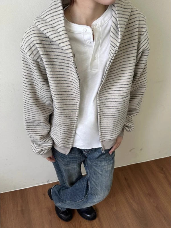 春秋季新款条纹舒适通勤日常连帽卫衣男休闲宽松时尚高级潮牌外套|undefined