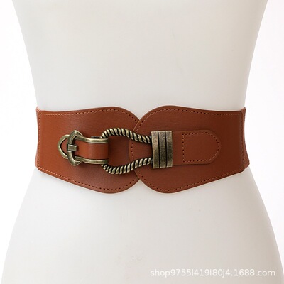 欧美复古风青古铜扣女士腰封棕色黑色PU皮宽腰带弹力松紧女式腰带