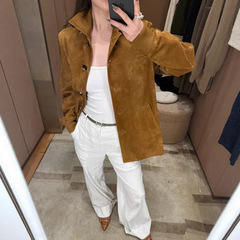 老钱风复古山羊皮绒面皮衣女真皮反绒中长款大衣外套2025秋冬新款