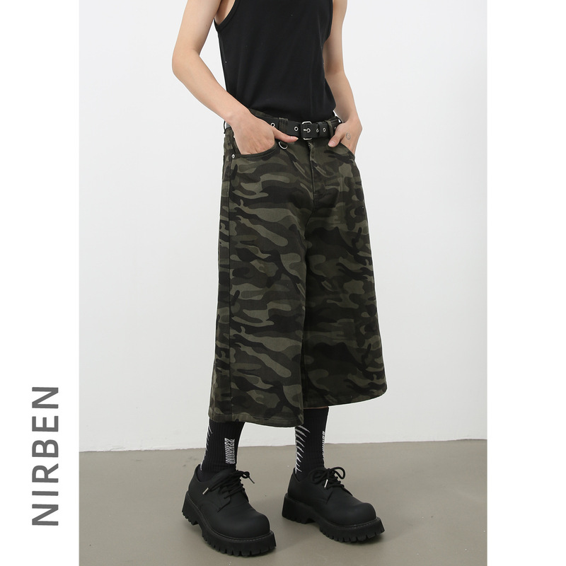 nirben | 新しいルーズシルエットウォッシュドカモフラージュレトロ7点ストレートデニムショートパンツメンズルーズトレンド|undefined