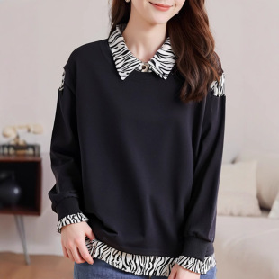 300 Jin extra large size women's fat sister Korean fashion loose stitching fake two-piece sweater 2025 spring and autumn new