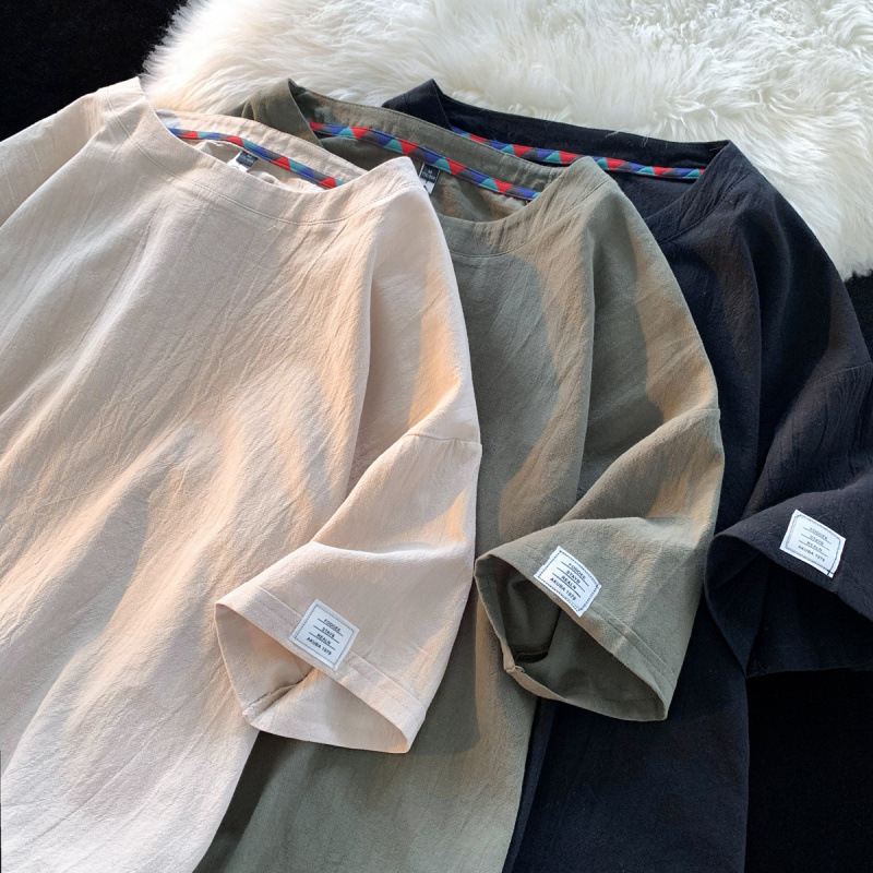 Linen Short-sleeved T-shirt Men's Summer New Fashion Cotton and Linen Half-sleeved Loose Solid Color Base Shirt Trendy T-shirt Top