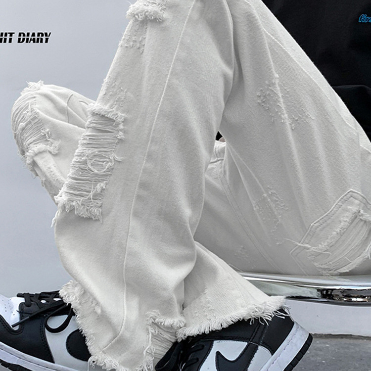 White Ripped Jeans Men's High Street Design Sense Niche Straight Pants Fashion Brand vibe American Style Ripped Pants