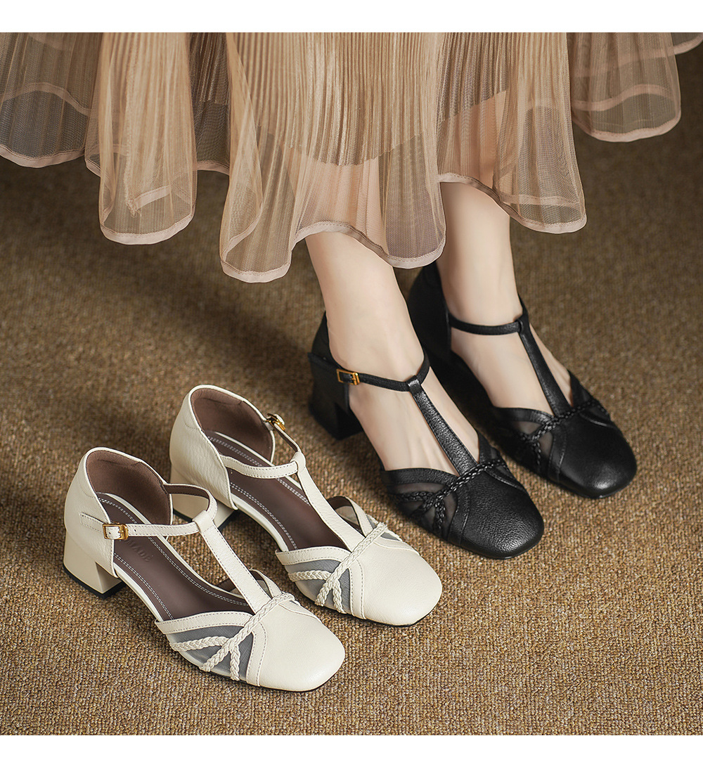 Giày sandal cao gót nữ hở mũi da cừu lưới gót vuông quai chữ T — đen chi tiết 1