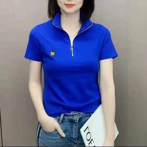 Summer Short Sleeve T-Shirt Fashion Women Stand Collar Sports Base Shirt Striped Casual Top Women