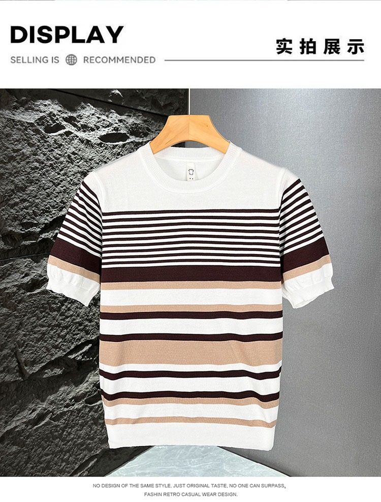 Herren Slim Fit Strickpullover Gestreift Business Kurzarm Shirt_voghion.com