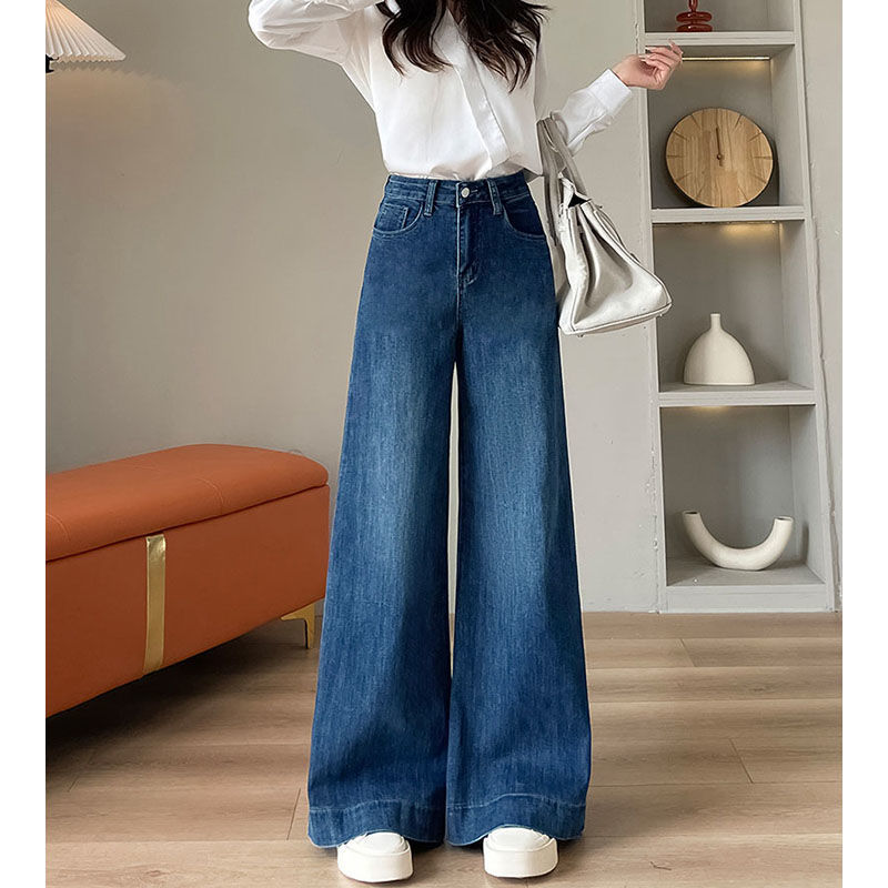 设计感小众阔腿牛仔裤女显瘦高腰春秋2025年弹力新款拖地裤复古蓝|undefined