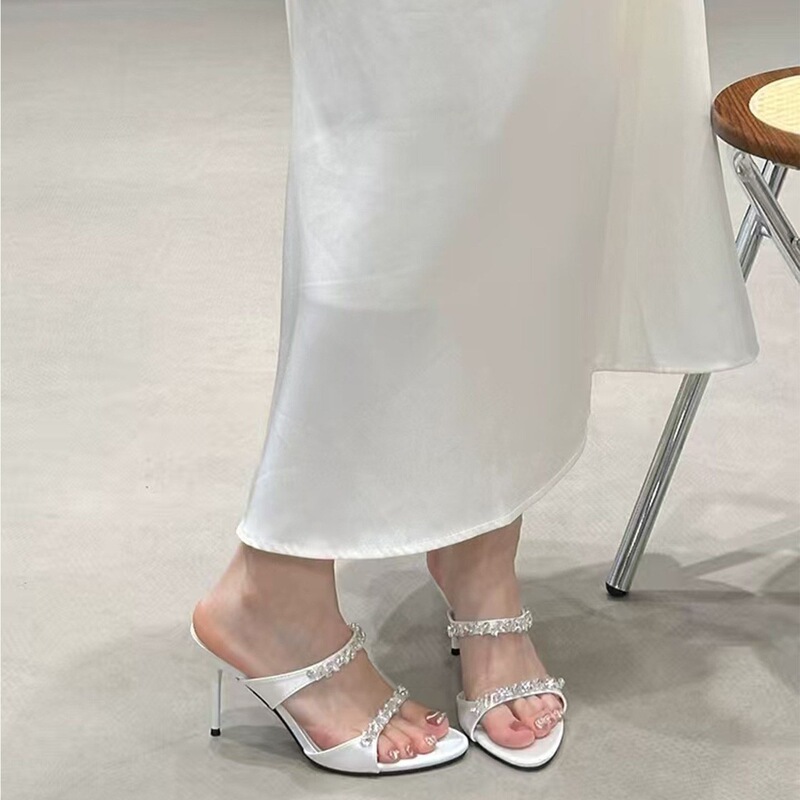 Sweet Princess Style Rhinestone Strap Sandals Satin Open-Toe High Heels Women's Pointed Toe Slippers 2026