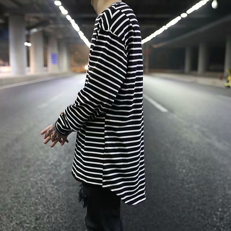 European and American High Street Style Basic Short Front and Long Back Black and White Stripesd Bottoming Shirt Hip-Hop Trbottomy Men's Extbottomed Inner Long-Sleeved T-Shirt