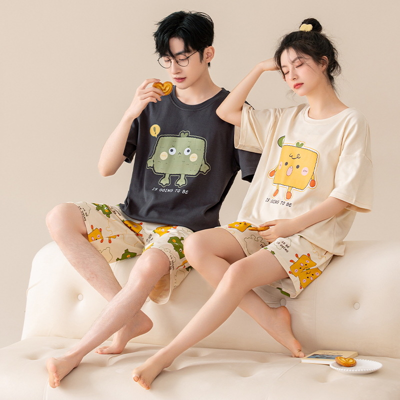 Pijamas de pareja de verano, algodón puro, estilo veraniego para hombre y mujer, novedad de verano 2025, conjunto de ropa de casa de manga corta con dibujos animados