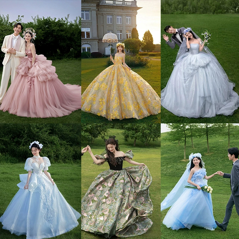 Фотостудия 2025 года, новый экстерьер, лужайка, тема путешествий, свадебная мода, фотосъемка пар, одежда, экстерьерное фото, платье
