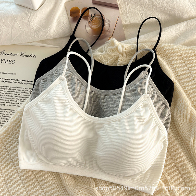 New Style Thin Strap Cotton Backless Bra with Integrated Fixed Cup and Camisole Design