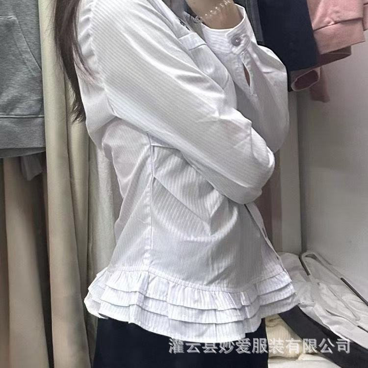 Japanese-style sweet college-style striped long-sleeve shirt, new spring and autumn model with ruffled hem and unique design