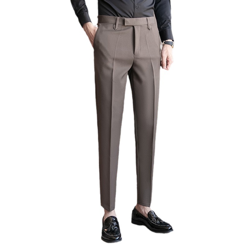 Pantalones de traje de los hombres británicos de Yupi Brown de alto grado ruffle guapo pantalones de traje de negocios formales de verano Pantalones de drapeado flaco
