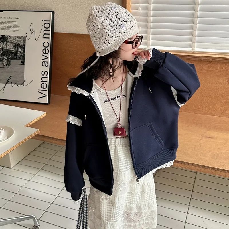 Lace spring solid fashionable long-sleeve girl's with hood