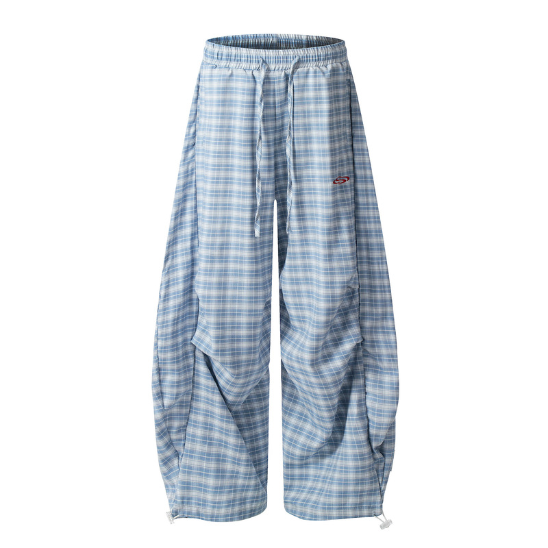 American-Style Blue Casual Plaid Pants, New Spring/Summer Loose Fit, Drapey Wide-Leg Jeans, In-Stock Wholesale American-Style Blue Casual Plaid Pants, New Spring/Summer Loose Fit, Drapey Wide-Leg Jeans, In-Stock Wholesale