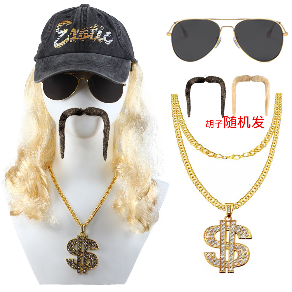 Grey Washed Wig Hat Phnom Penh Grey Toad U-Beard Dollar Necklace