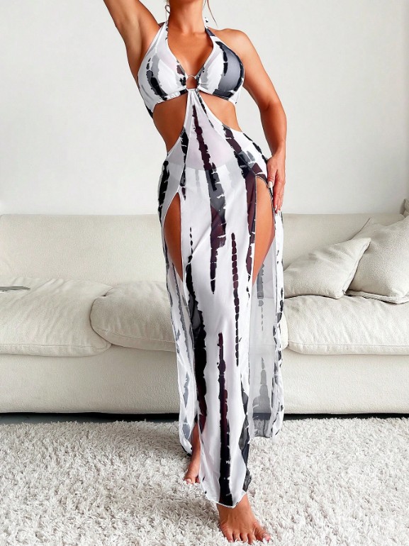 Sleeveless Sleeve Length Women's Elegant Basic Printing 3 Pieces Set Bikinis Swimwear