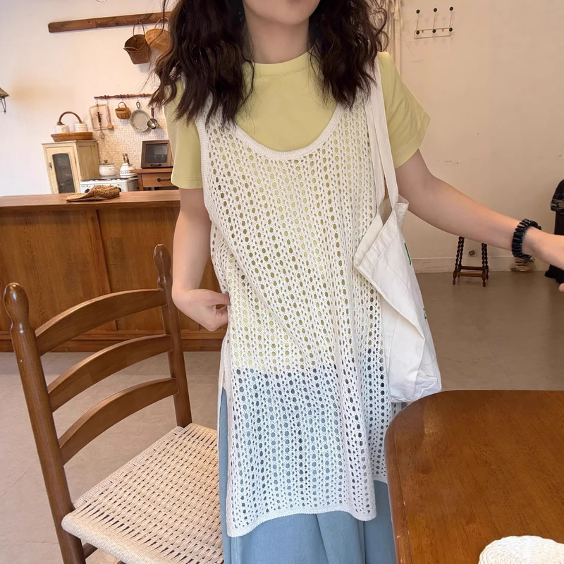 Summer New Style U-Neck Vest-Style Hollow-Out Casual Knit Dress Layered with a Loose Korean-Style Side-Slit Mid-Length Cover-Up
