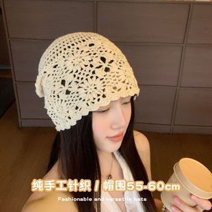 Spring and Autumn Japanese-Style Handmade Knitted Bucket Hat for Women, Hollow-Out Woolen Hat, Retro Artistic Knitted Hat, Slouchy Beanie