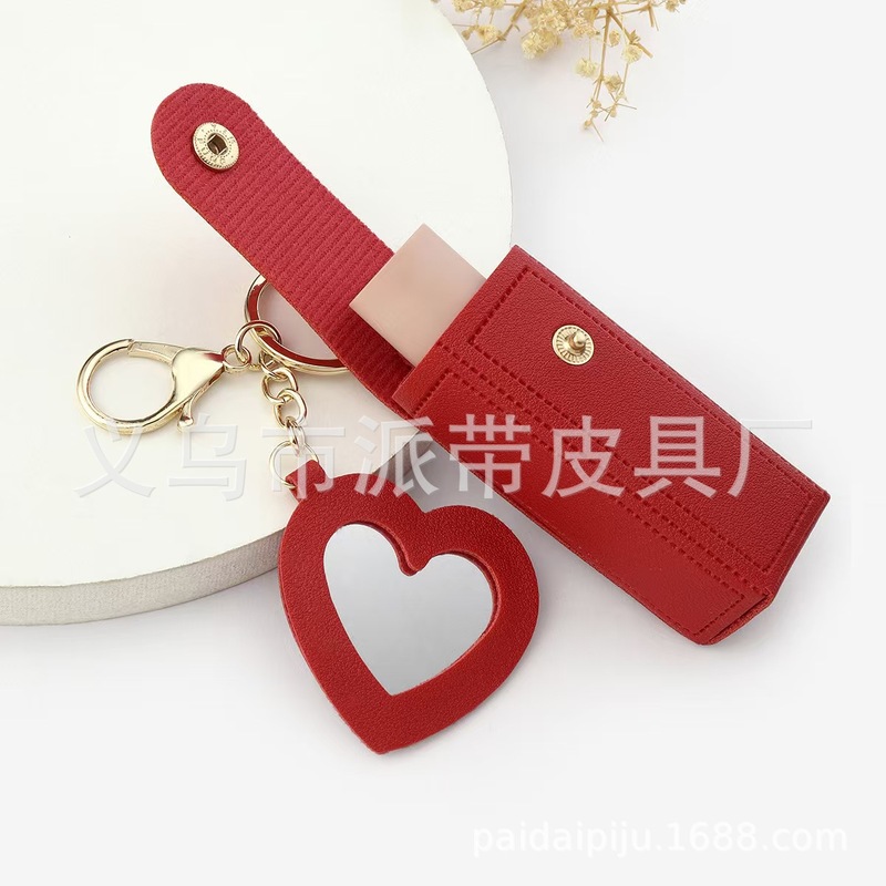 新しい ins 口紅収納袋シンプルなミラー口紅キーホルダーレザーケースミニ口紅ミラーメイクアップバッグ|undefined