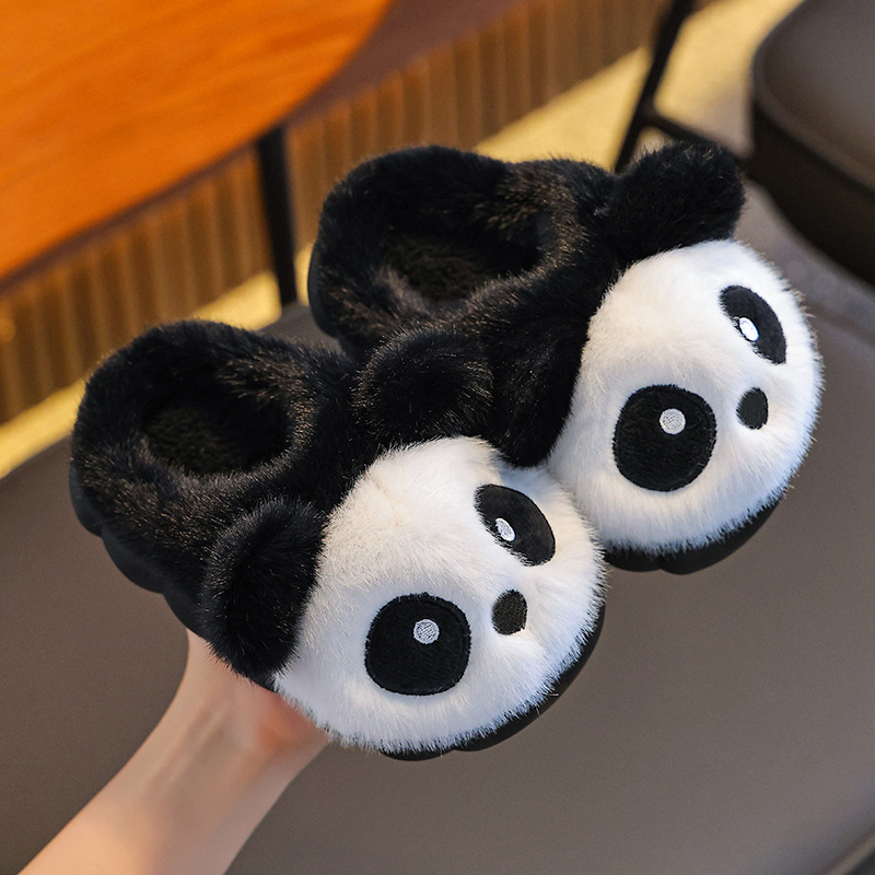 Panda zapatillas de algodón de invierno para niños y niñas, calentamiento y pelusa, zapatos de algodón para padres e hijos lindos para niños