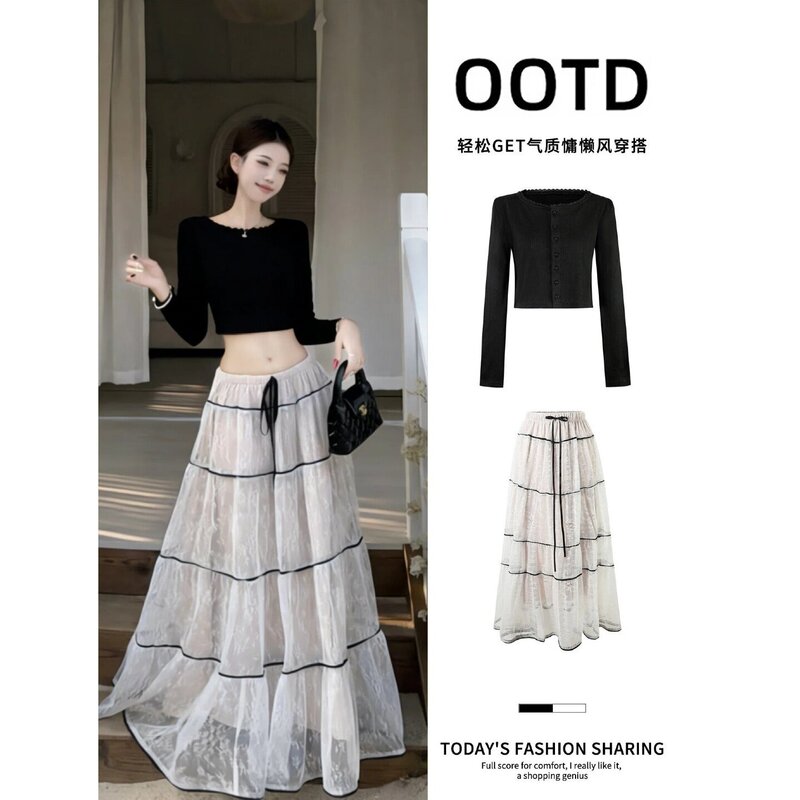 Early Summer Outfit for Women: White Lace Long Skirt, Black Long-Sleeved Knitted Top, a Complete Set of Elegant Ootd Outfits Early Summer Outfit for Women: White Lace Long Skirt, Black Long-Sleeved Knitted Top, a Complete Set of Elegant Ootd Outfits