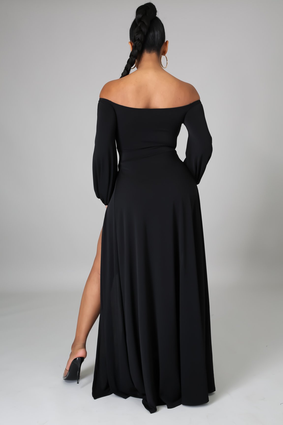 Solid Color Off-Shoulder Hollow Long Sleeve Slit Dress NSMRF116540