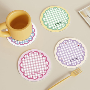 Korean Style Ins Round Check Rubber Coaster Heat Insulation Mat Water Absorbent Mat Anti-Slip Mat Internet Popular Same Style Simple Coaster
