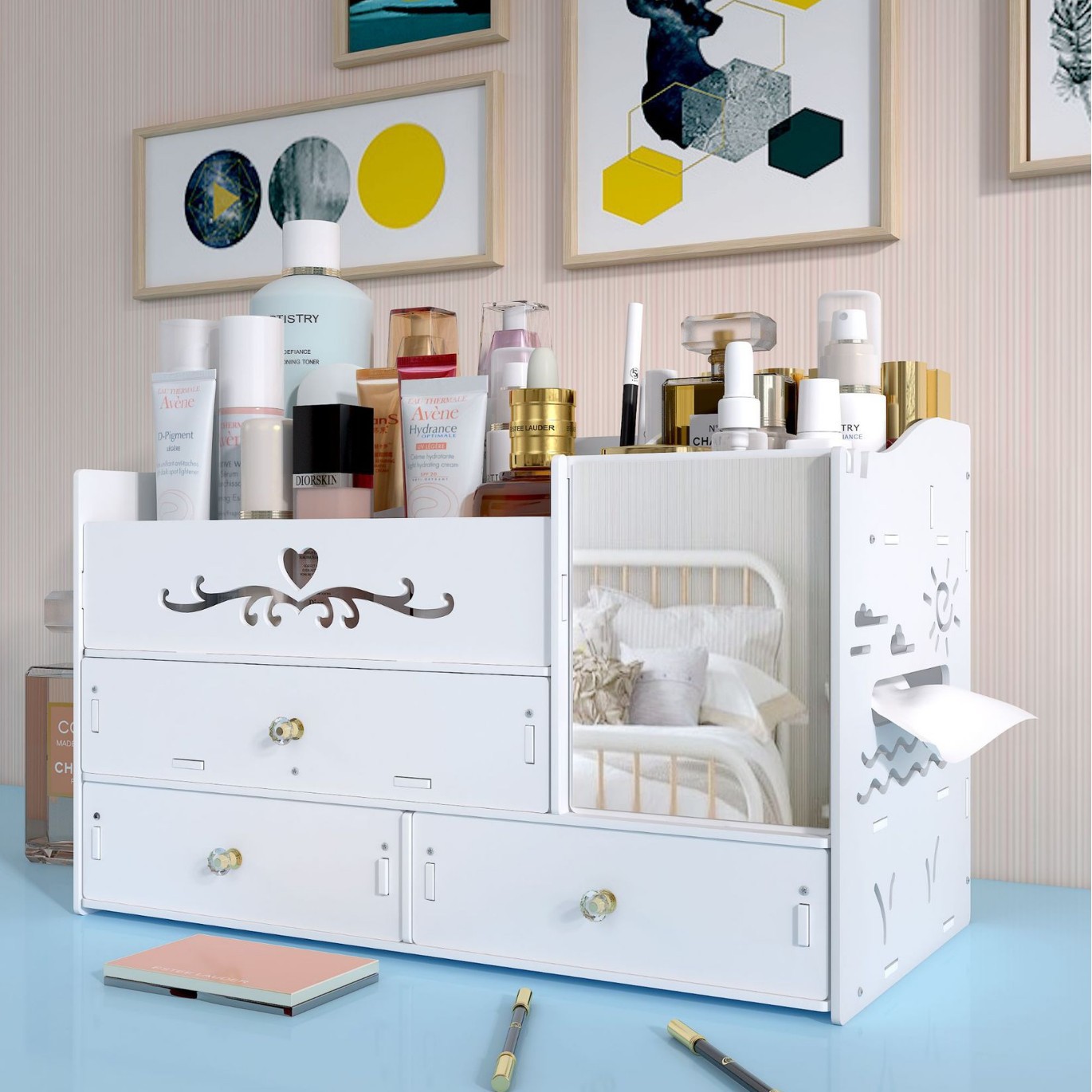 Caja de almacenamiento de cosméticos multicapa de gran capacidad con estante de almacenamiento de espejo tipo cajón con estante de espejo de cosméticos con espejo