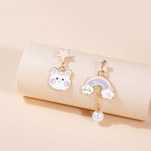 Silver Needle Asymmetrical Cartoon Balloon Bear Earrings Cute Rainbow Rabbit Cat Cake Daisy Angel Earrings