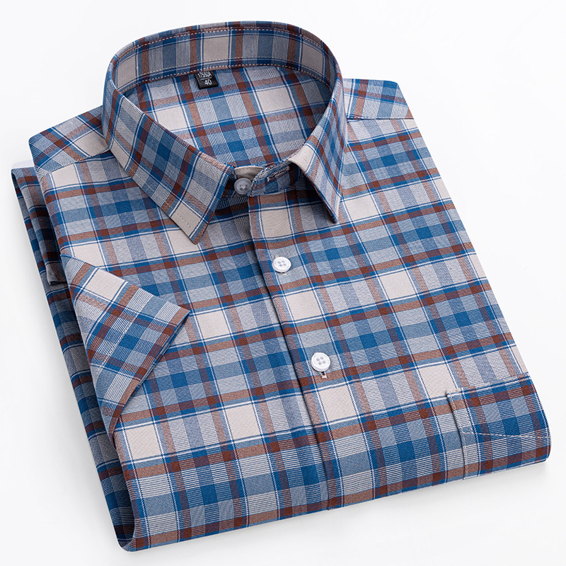 Promotional Oversized Summer Young Men's Pure Cotton Short-Sleeved Shirt Cotton Oxford Plaid Shirt Daily Casual