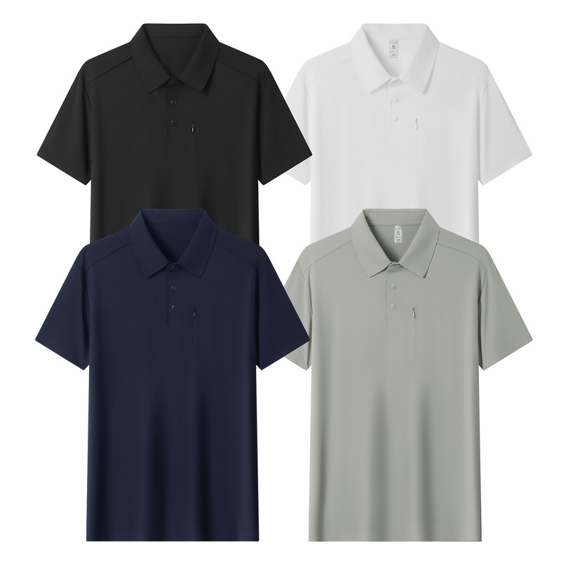 D0608 New Style Ice Silk Polo Shirt for Men with Lapel and Pocket, Quick-Drying Short-Sleeved T-Shirt, Summer Thin Style with Collar, Casual Men's Wear