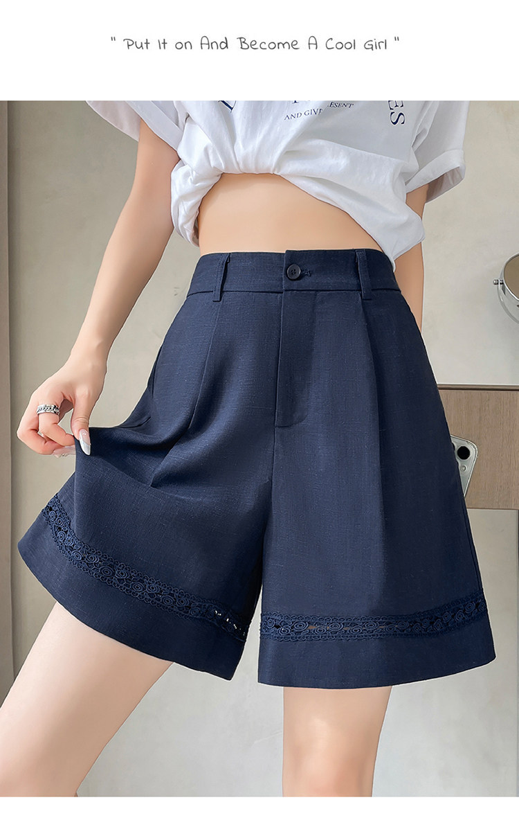Quần short vải lanh nữ cạp cao ống rộng dáng chữ A — Xanh lông mòng đen chi tiết 46