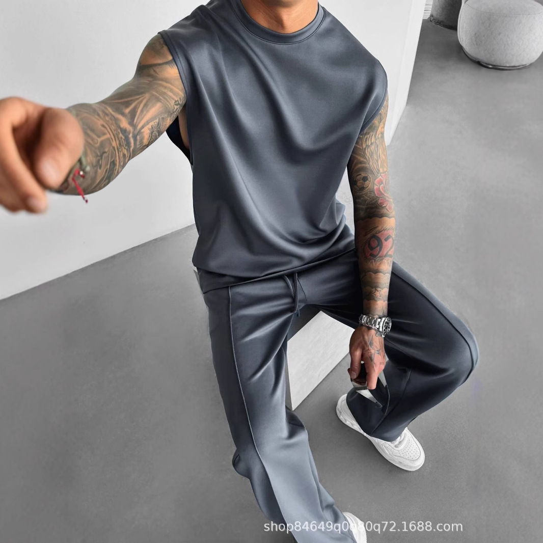 2025 Muscle European and American Trendy Brand Pure Color Sports Casual Suit Men's Summer Loose Sleeveless Pants Sports Suit