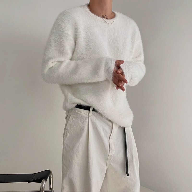 Round Neck Sweater Cashmere Sweater for Boys Spring & Fall New Style Seahorse Hair Lazy Style Knitted Wool Sweater with Warm Jacket