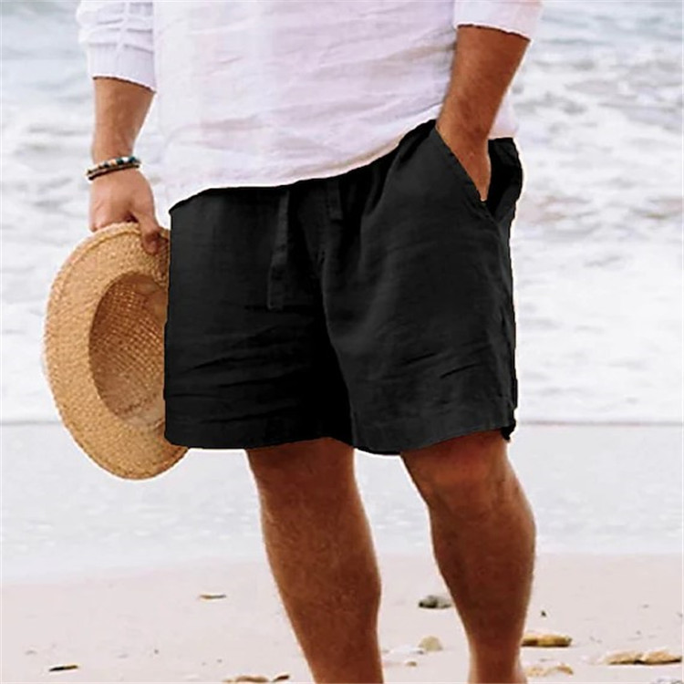 2024 men's summer cotton and linen shorts drawstring elastic waist straight leg solid color breathable beach five casual shorts