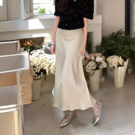Elegant silky satin skirt women's draping mid-length summer high waist slimming versatile fishtail skirt
