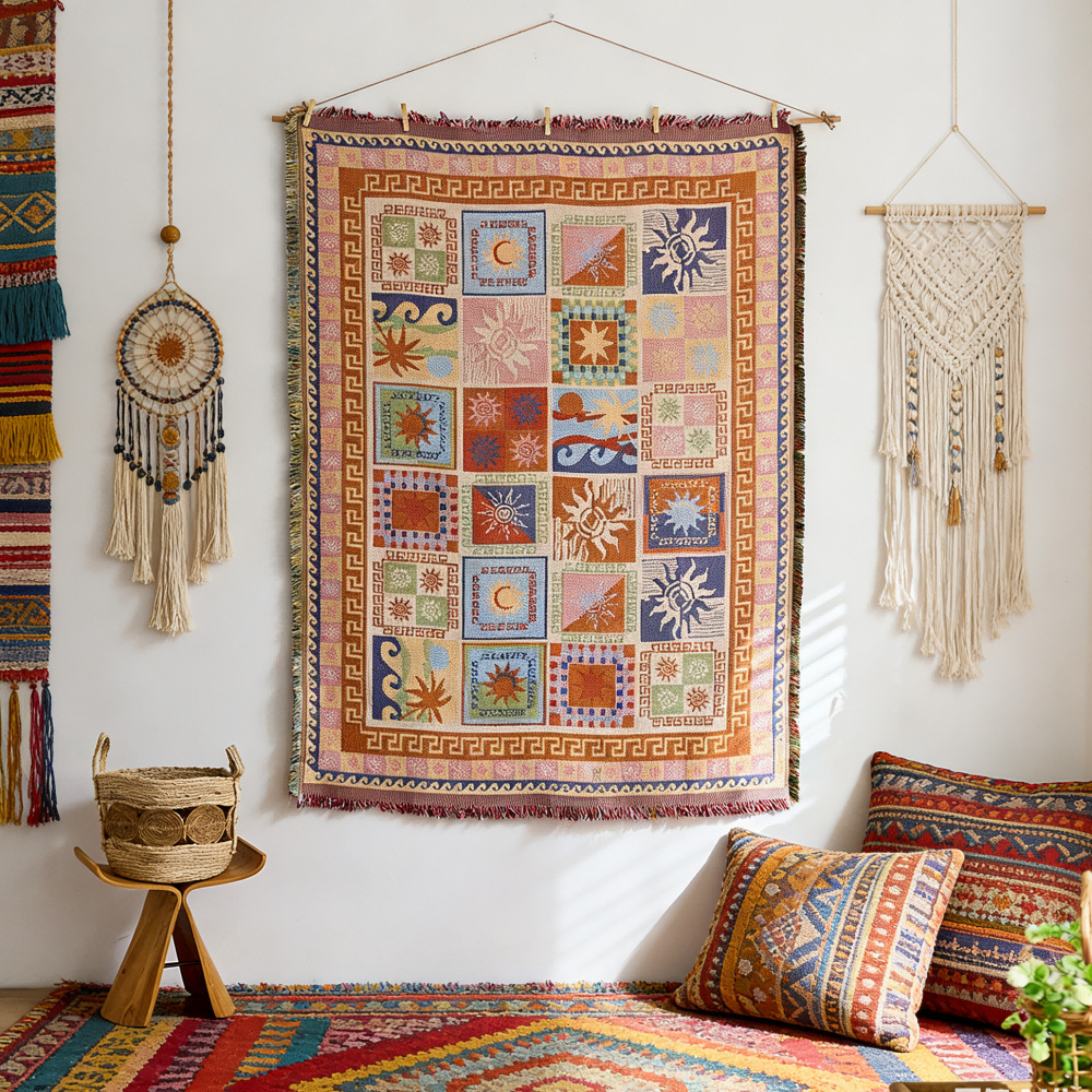 Sun Totem Tapestry Scandinavian Ins Style Fabric Hanging Painting B&B Wall Decoration Background Cloth Cotton Yarn Tassel Hanging Cloth