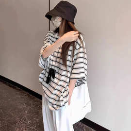 韩版中长款oversize黑白条纹短袖T恤2025夏季休闲运动风洋气上衣